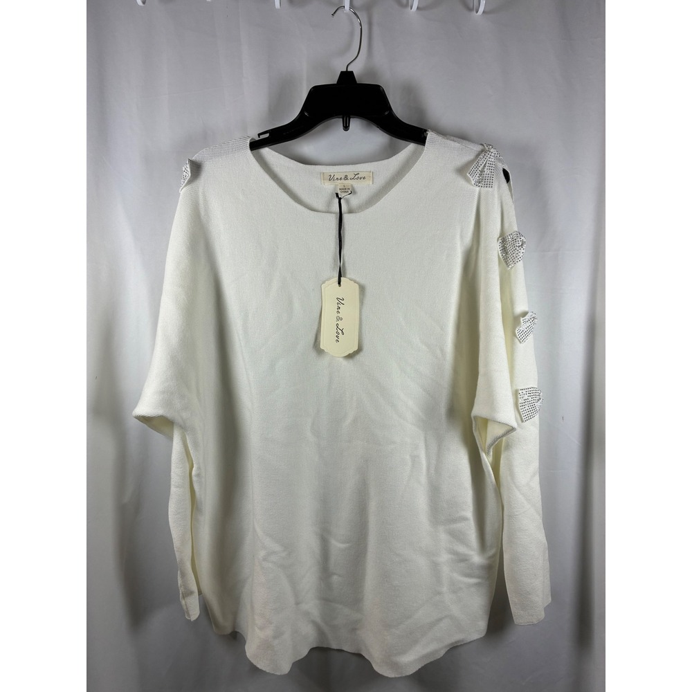 Vine & Love Womens White Rhinestone Bow Dolman Sleeve Knit Sweater VT81876 L NEW